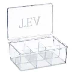 Relaxdays Teabox, i plast, förvaring, 6 fack, med lock, HLP: 9 x 21,5 x 15 cm, genomskinlig