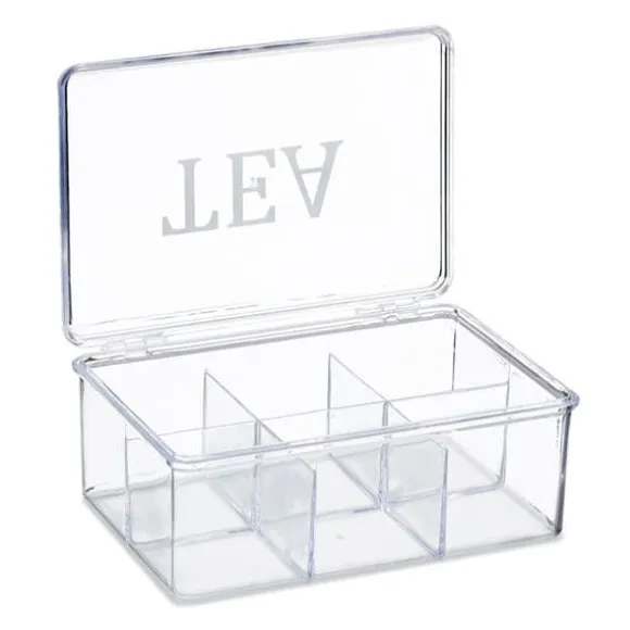 Relaxdays Teabox, i plast, förvaring, 6 fack, med lock, HLP: 9 x 21,5 x 15 cm, genomskinlig