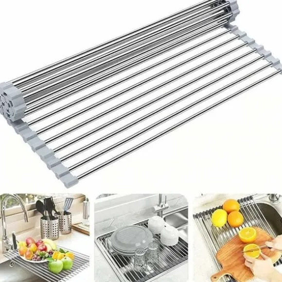 Rengöringsställ för disk RollUp, 100 % BPA-fri, fällbar, perfekt för frukt, grönsaker, tallrikar, rostfritt stål täckt med silikon.