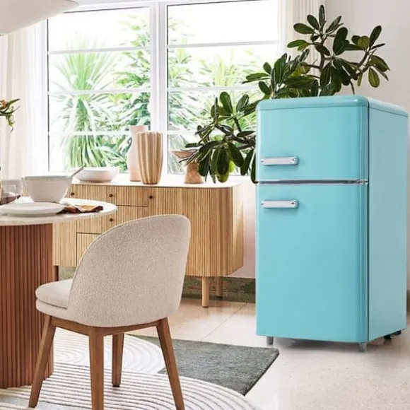 Retro-Kylskåp, Dubbeldörr, 72L kyl, 21L frys, 120 kWh/år, LED-ljus, Flera färger, Energieklass E