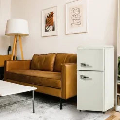 Retro-Kylskåp, Gefrierkombination, 88.8 cm, 60L kyl, 22L frys, 102 kWh/år, LED-ljus, Cremevit, Energieklass E