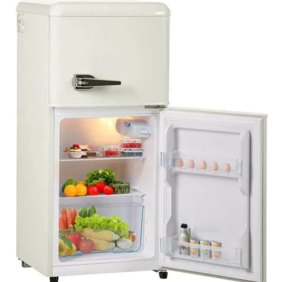 Retro-Kylskåp, Gefrierkombination, 88.8 cm, 60L kyl, 22L frys, 102 kWh/år, LED-ljus, Cremevit, Energieklass E