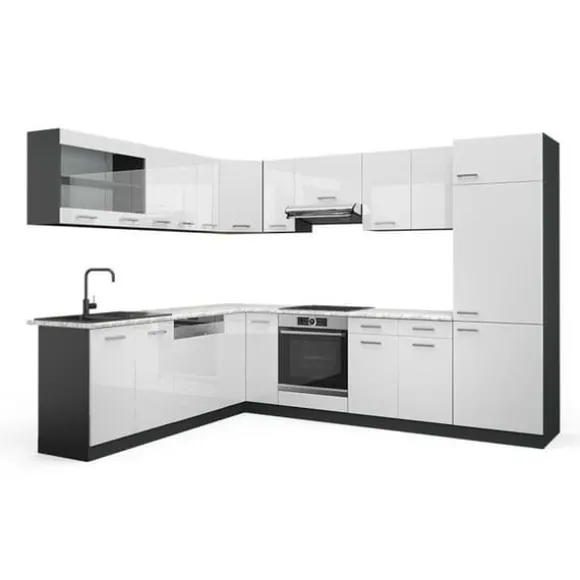 R-Line hörnkök, 227 x 287 cm, PT Marble, Blank vit/Antracit, Vicco