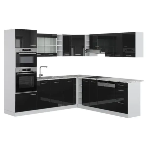 R-Line hörnkök, 237 x 60 cm utan bänkskiva, Blank svart/Vit, Vicco