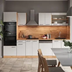 R-Line kök, 300 cm med högskåp, PT Ek, Blank vit/Gyllene ek, Vicco