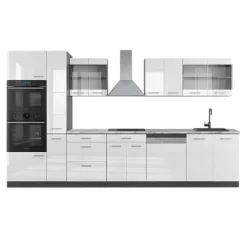 R-Line kök, 350 cm med högskåp, PT Marble, Blank vit/Antracit, Vicco
