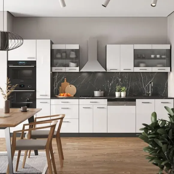 R-Line kök, 350 cm med högskåp, PT Marble, Blank vit/Antracit, Vicco