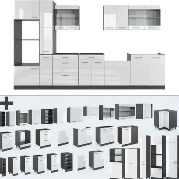 R-Line kök, 350 cm med högskåp, PT Marble, Blank vit/Antracit, Vicco
