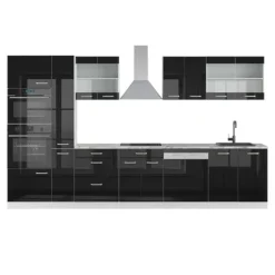 R-Line kök, 350 cm med högskåp, PT Marble, Blank svart ek/vit, Vicco