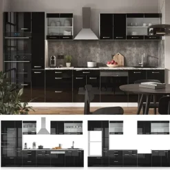 R-Line kök, 350 cm med högskåp, PT Marble, Blank svart ek/vit, Vicco