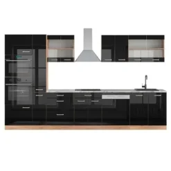 R-Line kök, 350 cm med högskåp, PT Marble, Blank svart ek/guld ek, Vicco