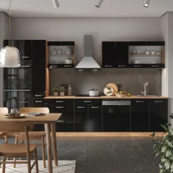 R-Line kök, 350 cm med högskåp, PT Marble, Blank svart ek/guld ek, Vicco