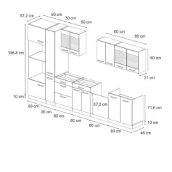R-Line kök, 350 cm med högskåp, utan bänkskiva, Blank svart/Gyllene ek, Vicco