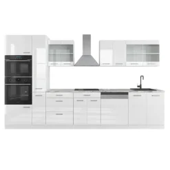 R-Line kök, 350 cm med högskåp, utan bänkskiva, blank vit/vit, Vicco