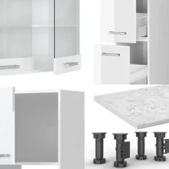 R-Line kök, 350 cm med högskåp, utan bänkskiva, blank vit/vit, Vicco