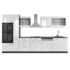 R-Line kök, 350 cm med högskåp, utan bänkskiva, blank vit/Antracit, Vicco