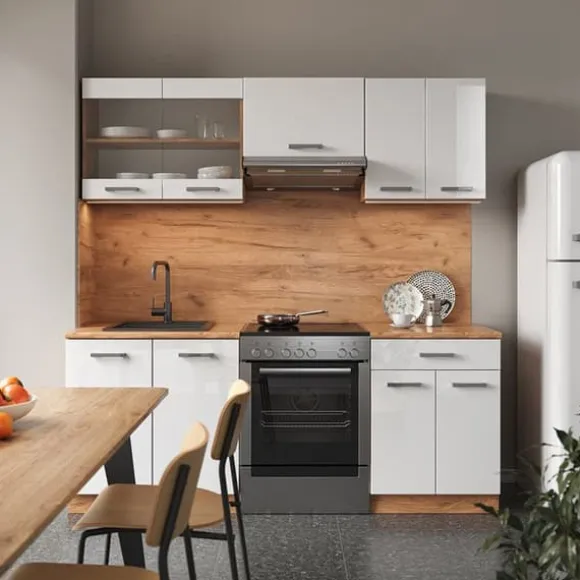 R-Line kök, 200 cm, PT Antracit, Blank vit/Gyllene ek, Vicco