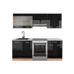 R-Line kök, 200 cm, PT Marble, Blank svart/Gyllene ek, Vicco