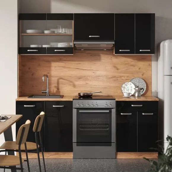 R-Line kök, 200 cm, PT Marble, Blank svart/Gyllene ek, Vicco