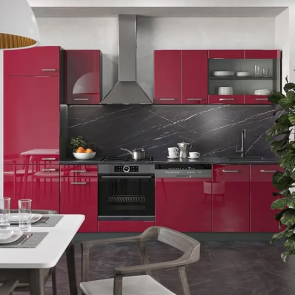 R-Line kök, 300 cm, PT Marble, Bordeaux högblank/antracit, Vicco