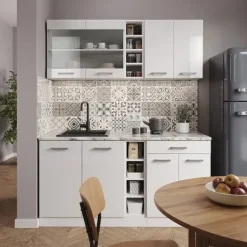 R-Line kök, 160 cm, PT Marmor, blank vit/vit, Vicco