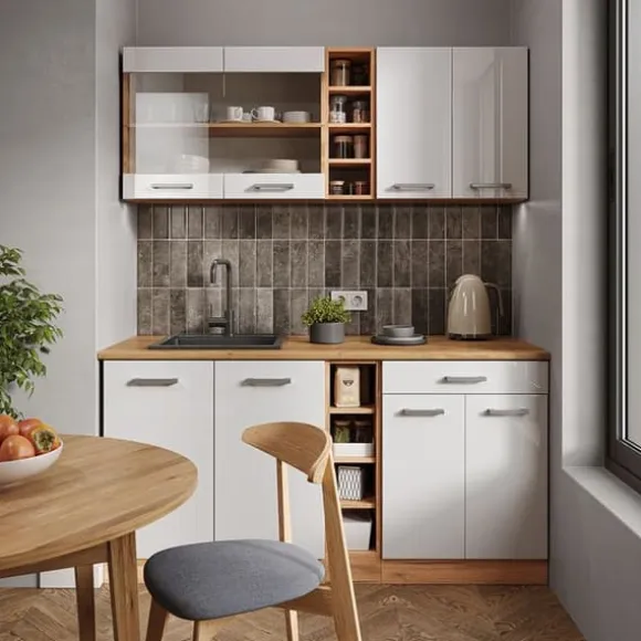 R-Line kök, 160 cm utan bänkskiva, blank vit/Gyllene ek, Vicco