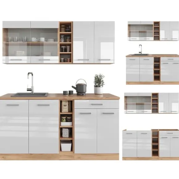R-Line kök, 160 cm utan bänkskiva, blank vit/Gyllene ek, Vicco