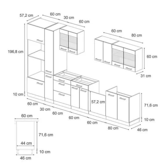 R-Line komplett kök, 350 cm, PT Ek, Betong Svart/Antracit, Vicco