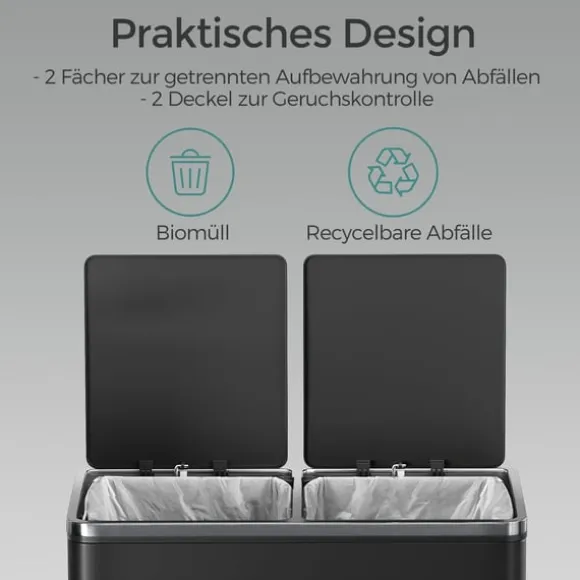 Rootz Dual Compartment Dash Can - Återvinningsfack - Avfallsseparator - 60L Kapacitet - Stålmaterial - 59 cm x 36,5 cm x 65,2 cm