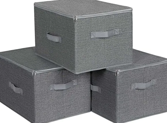 Rootz förvaringslådor - Set om 3 - Lock - Vikbart - Tyg - Handtag - Grå - 40 x 30 x 25 cm