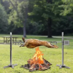 Rostfri spädgrisgrill, elektrisk rotisserie med motor, spett med köttgafflar, 220 V, silver
