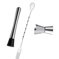 Rostfritt stål cocktailblandningssked, muddler och jiggerset för hembartending
