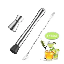 Rostfritt stål cocktailblandningssked, muddler och jiggerset för hembartending