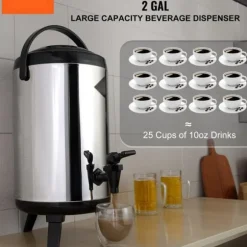 Rostfritt stål isolerad dryckesautomat, 2 gallon (7,6 liter), för varm och kall dryck, livsmedelsklassad för te, kaffe, vatten.