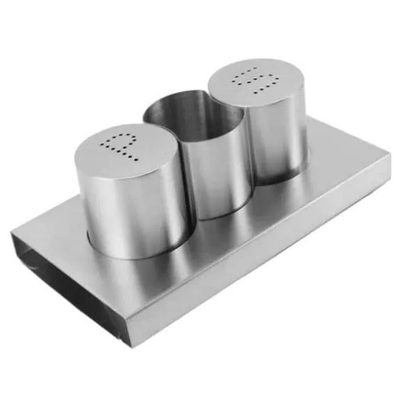 Rostfritt stål Salt Peppar Shakers Set Tandpetare Hållare med bricka Kryddor Shakers Krydddispenser Kökstillbehör