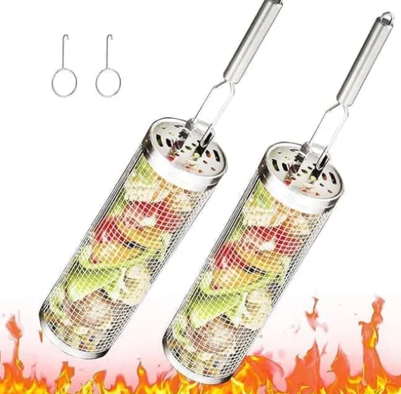 Rullande Grillkorg,Rostfri Grillkorg med Avtagbart Handtag – Set med 2, Perfekt för Camping och Trädgård