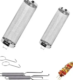 Rullande Grillkorg,Rostfri Grillkorg med Avtagbart Handtag – Set med 2, Perfekt för Camping och Trädgård
