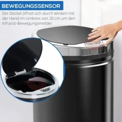 Sensor skräpkorg 42L, automatisk med lock, rostfri, för badrum, kontor, kök, svart