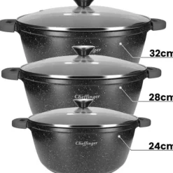 Set med 3 grytor med non-stick och antibakteriellt beläggning 24/28/32cm Cheffinger Svart