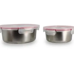 Set med 2 lufttäta behållare med lock - MENASTYL - 5040178 - Rostfritt stål - Rund - 15 och 20 cm - Mikrovågssäker