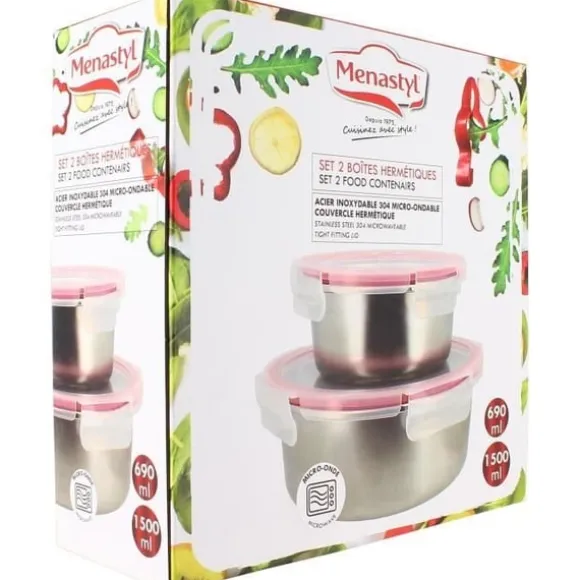 Set med 2 lufttäta behållare med lock - MENASTYL - 5040178 - Rostfritt stål - Rund - 15 och 20 cm - Mikrovågssäker