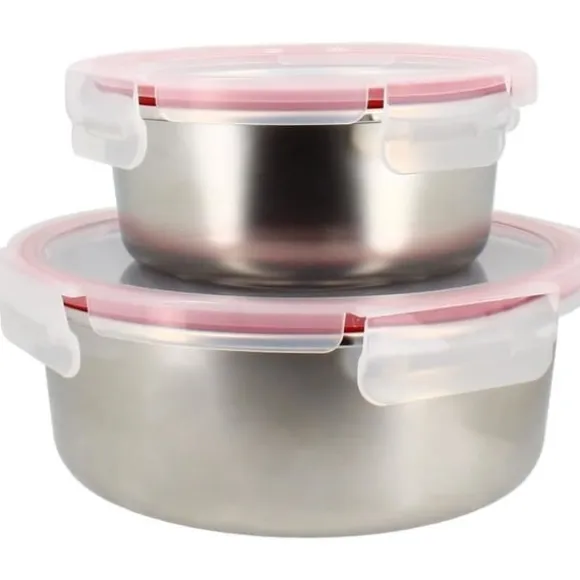 Set med 2 lufttäta behållare med lock - MENASTYL - 5040178 - Rostfritt stål - Rund - 15 och 20 cm - Mikrovågssäker
