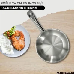 Set med 2 stekpannor 20 och 28 cm i rostfritt stål, 2 glaslock och 6 rostfria köksredskap från Fackelmann Eterna