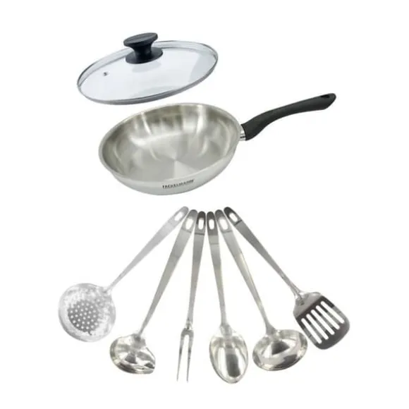 Set stekpanna 24 cm i rostfritt stål, glaslock och 6 rostfria köksredskap Fackelmann Geneva