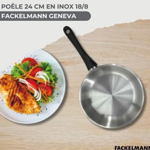 Set stekpanna 24 cm i rostfritt stål, glaslock och 6 rostfria köksredskap Fackelmann Geneva