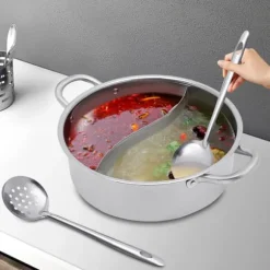 Shabu Shabu Hotpot - Gryta 28 cm - 304 Rostfritt Stål - Dubbelsidig Avdelare - Glaslock - Induktion & Gas - Vit - Med 2 Slevar