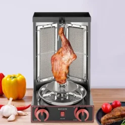 Shawarma Döner Kebab Grill - Vertikalt Gas-rotisseri - 2 Brännare - Rostfritt Stål - För Restaurang & Hem - Ljus Silver