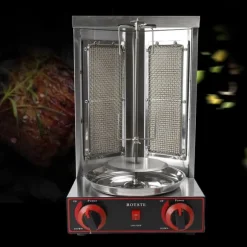 Shawarma/Döner kebab gyrosgrill, LPG gas, 3000 W, 2 brännare, vertikal roterande ugn, 8 kg kapacitet, svart