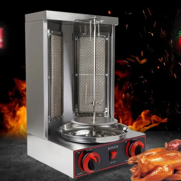 Shawarmagrill - Vertikal gas-rotisseri - 3000 W - 2 brännare - 12 kg kapacitet - Rostfritt stål - För 3–5 personer - Svart