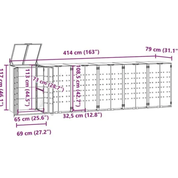 Skjul för sopkärl med lock - Förvaring för 6 platser | Färg: Grå | Storlek: 414x79x117 cm
